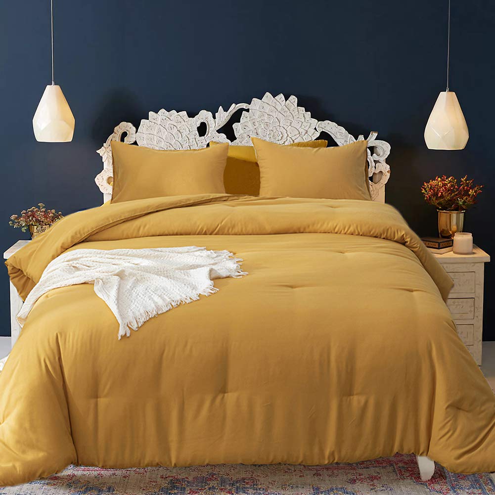 Cottonight Mustard Yellow Comforter Sets Queen Dark Yellow Comforter Full Lightweight Cozy Mustard Bedding Comforter Sets Ginger